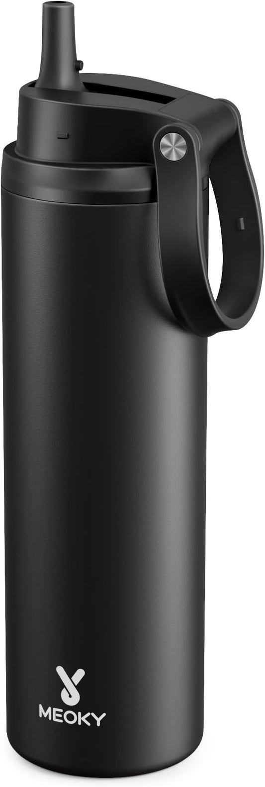 Meoky 24 oz Insulated Water Bottle: Flip-to-Pop Straw, Leak Proof, 24H Cold, Fits in Car Cup Holder, Wide Mouth, BPA-Free, Stainless Steel Water Bottle for Men Travel Sports School, Night