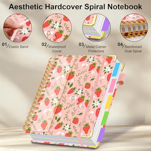 Spiral Journal Notebooks for Work, 300 Pages 5 Subject Notebook College Ruled with Dividers & Tabs, A5 Notebook Journal for Women Students Note-Taking and Organizer (Pink Strawberry)