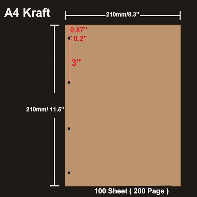 A4 Kraft Refill Paper 4 Hole Punched Filler Paper Refills for A4 Loose Leaf Notebook Travel Journal Personal Diary Planner Binder Scrapbook, 80 Sheet, 8.3 Inches x 11.5 Inches