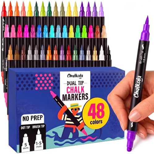 Chalkola 48 Chalk Markers for Chalkboard, Glass & Mirror - Dot + Brush Tip