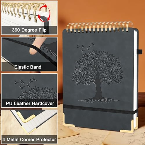 A4 Top Spiral Notebook, Tree Pattern Large Leather Hardcover Left Handed Journal, 240 Pages 100 Gsm Lined Paper Top Bound Steno Pads for Work, School, Travel Writing - Black, 8.5" x 11"