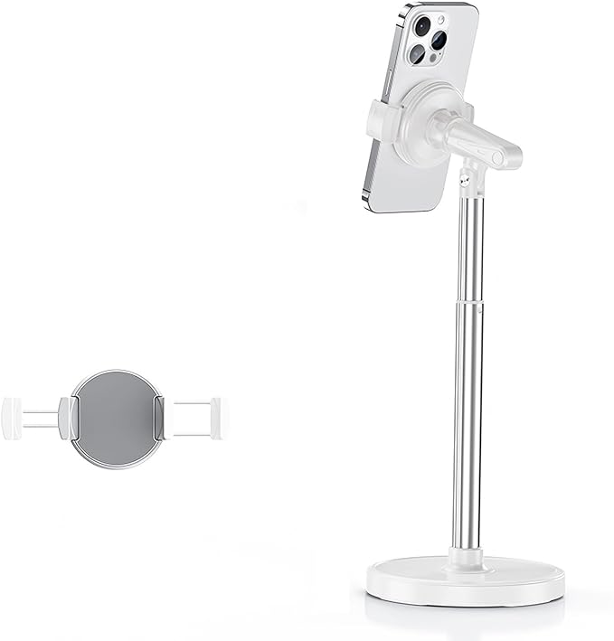 Height Adjustable Phone Stand for Desk, Retractable Desktop Phone Holder, 180° Flip & 360° Rotation Design，Compatible with iPhone/Android Devices,Ideal for Live Streaming and Video Recording (White)
