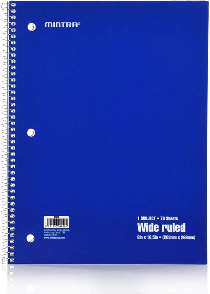 Mintra Office Spiral Notebooks Set - Primary Colors, Wide Ruled, Journals for School, Work, Business, Aesthetic Stationery, Writing Pads, Teacher & Student Supplies, 70 Sheets Each, 6-Pack
