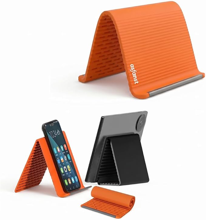 Silicone Phone Stand with Aluminum, Flexible Foldable Phone Holder, Bendable Adjustable Anti-Slip Desktop Stand for Phone Tablet Laptop, Portable Rollable Multi-Angle Stand for Home (Orange)