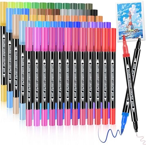 Dual Markers Brush Pens, Art Brush Coloring Markers for Adult Coloring Books, 60 Colors Pens for Teens, Double Tip Colored Pen for Journaling Note taking Planner Lettering Calligraphy Drawing