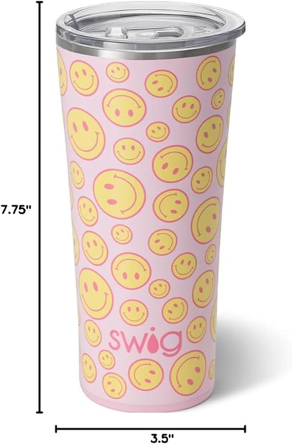 Swig Life 22oz Insulated Tumbler, Travel Coffee Tumbler with Lid, Cup Holder Friendly Travel Coffee Mug, Stainless Steel (Oh Happy Day)