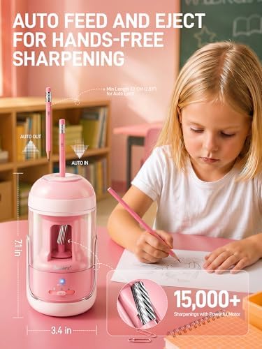 M&G S5 Electric Pencil Sharpener,Fully Automatic for 6.5–11mm No.2&Colored Pencils,Auto In&Out,3 Sharpness Modes,Type-C Rechargeable,Helical Blade,Cute Pencil Sharpener for School Classroom Home, Pink