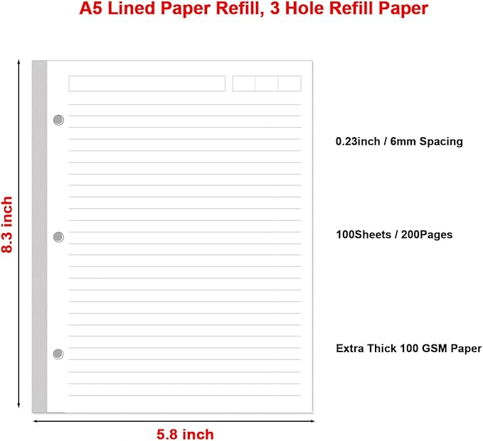 (2 Pack) A5 Lined Paper Refill, 3 Hole Refill Paper, A5 Filler Paper, 200 Sheets/400 Pages Loose Leaf Paper for Filofax Planner Refills, Organizer, Binders, 100gsm, 5.8 x 8.2 In