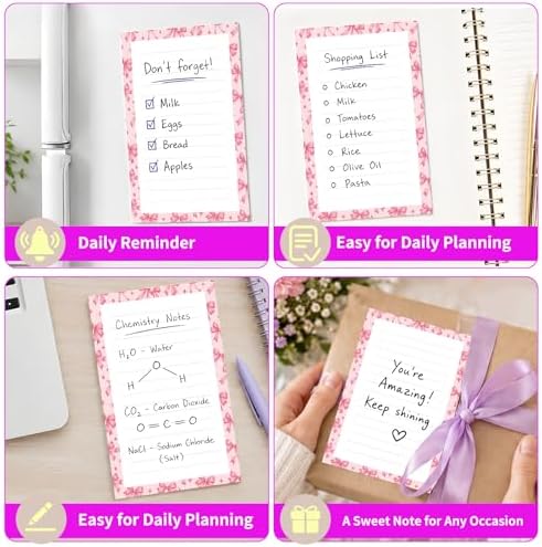 Lined Sticky Notes 4x6 in, 2 Pack Large Cute Notepads with Lines Self-Stick Note Pad, Funny Memo Pads Strong Adhesive for Office, Home Pink Cute Bowties