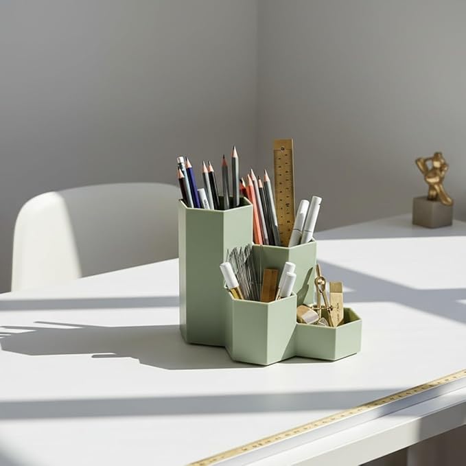 Pencil Organizer Pen Holder for Desk Pens Cup Small Desk Organizer Cute Pen Holder for Office,School and Home (Green, L-Shape)