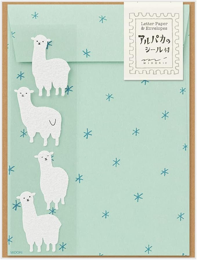 Midori 86636006 Letter Set with Stickers, 12 Stationery Notes, 4 Envelopes, Alpaca Pattern B