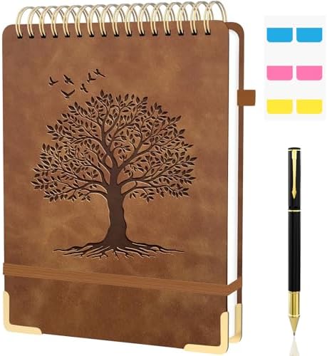 A4 Top Spiral Notebook, Tree Pattern Large Leather Hardcover Left Handed Journal, 240 Pages 100 Gsm Lined Paper Top Bound Steno Pads for Work, School, Travel Writing - Brown, 8.5" x 11"
