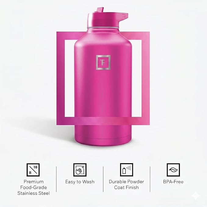 IRON °FLASK Camping & Hiking Hydration Flask with Straw, Wide Mouth Insulated Stainless Steel Sports Water Bottle - Pink Tulip 64 oz - Straw (1 Lid)