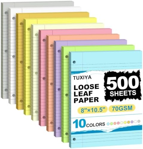 TUXIYA 500 Sheets 10 Colored Loose Leaf Paper, 8x10.5 College Ruled 3-Hole