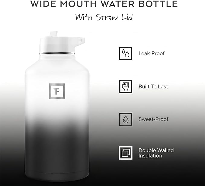 IRON °FLASK 64 oz Wide Mouth Water Bottle with Straw | Insulated Half Gallon Water Bottle with Leakproof Straw Lid - BPA Free, Cold 24 Hrs, Sweat Free (Day & Night)