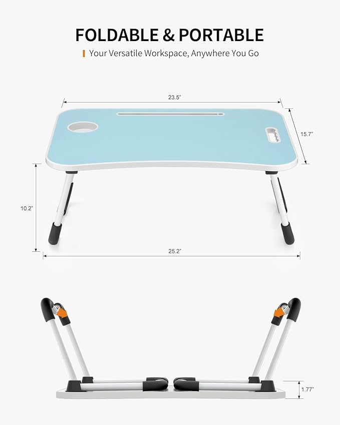 FISYOD Foldable Laptop Table, Portable Lap Desk Bed Table Tray, Laptop Stand with Cup Holder & Tablet Slot & Lifting Handle for Working Writing Drawing & Eating (Light Blue)