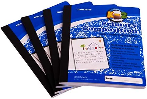 Mintra Primary Composition Notebook, 4 Pack, Blue Cover, 80 Sheets, 7.5in x 9.75in, 1/2 Sheet, Ruled with Drawing Area, Flexible Hardcover Journal, Grades K-2, School & Home Use