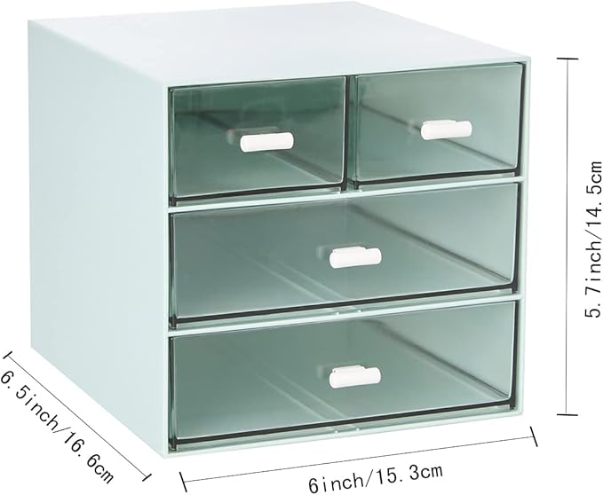 Desk Organizer with 4 Drawers, Clear Plastic Desk Storage Box, Desktop Organization for Office Supplies, Gel Pens, Pencils, Markers, Tape, Erasers, Paperclips, Chargers (Blue)