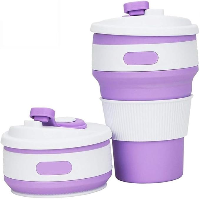 Fullgaden Silicone Collapsible Travel Cup,Portable Drinking Mug with Lid, Water, Coffee, Coca Cola and Snacks for Hiking, Camping, Picnic, Purple