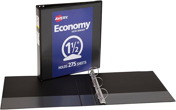 Avery Standard View 3 Ring Binder, 1.5" Round Rings, 275-Sheet Capacity, 2.1 Inch Wide Spine, 1 Black Binder, Ideal for Lightweight Organization and Occasional Referencing (05771)