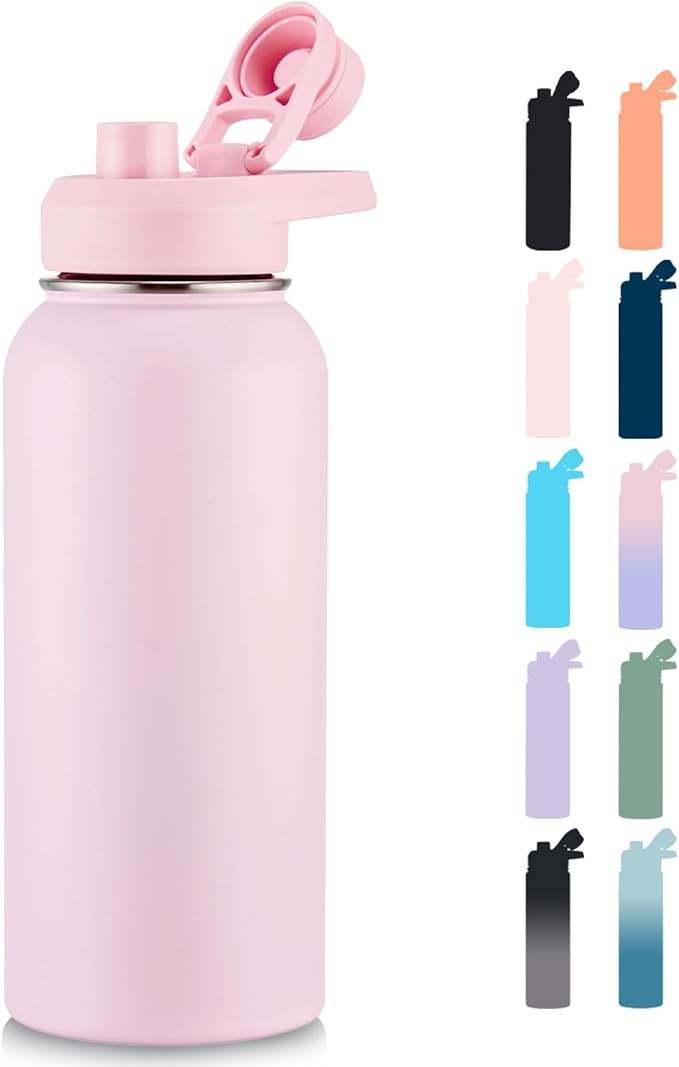Fijinhom 32 oz Insulated Water Bottle with Handle, 304 Stainless Steel Water Bottles with Wide Mouth, Double Wall Vacuum Sports Water Bottle, BPA Free, Keep Cold and Hot, Pink