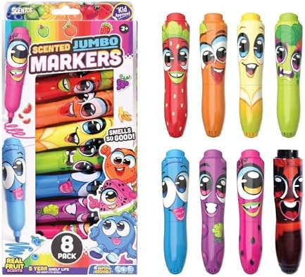 Scentos Scented Jumbo Markers 8 Pack,Fruit Scent, 8 Colors, Different Fruity, Washable Markers for Kids, Kid Approved, Non Toxic Chunky, Design for Little Hands, Back to School Classroom Supplies