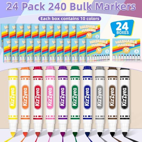 Washable Markers Bulk, Markers for Kids, 10 Assorted Colors, 24 Boxes 240ct