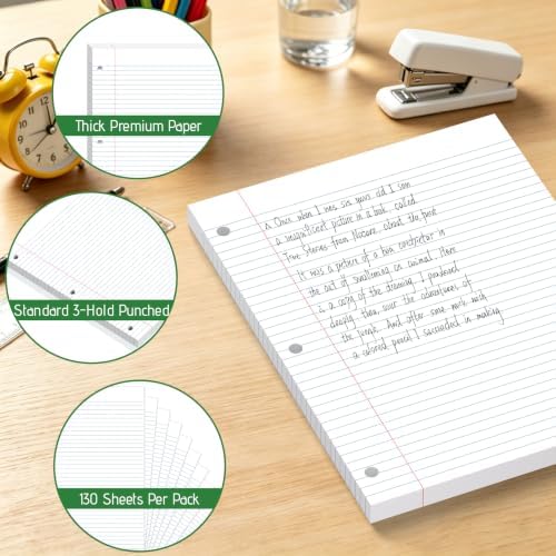 120 Sheets White Loose Leaf Paper, 8 x 10.5 In College Ruled Filler Paper