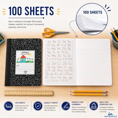 1InTheOffice Primary Composition Notebook, 7 1/2" x 9 3/4", Unruled/Primary Ruled, 100 Sheets