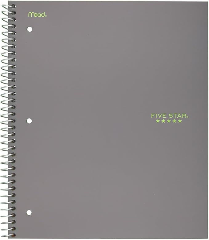 Five Star Spiral Notebook, 5 Subject, College Ruled Paper, 200 Sheets, 11" x 8-1/2", Gray (73637)
