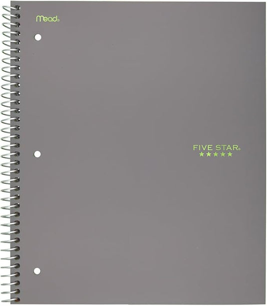 Five Star Spiral Notebook, 5 Subject, College Ruled Paper, 200 Sheets, 11" x 8-1/2", Gray (73637)