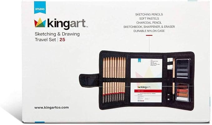 KINGART DRAWING & SKETCHING 25 pc. TRAVEL SET, Graphite, and Charcoal Pencils & Pastels plus Supplies, Art Drawing Kit for Adults, Teens, Beginner to Pro, Ideal for Shading, Blending, 25 pc.