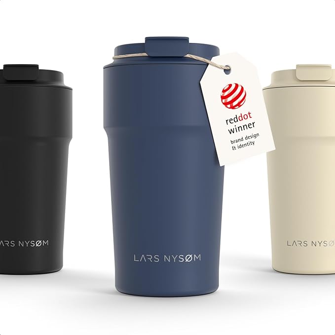 LARS NYSØM Thermo Coffee Mug to go 17oz | Travel Mug 0.5 Liter with Insulation | Silicone grip base | Leak Proof Stainless Steel Tumbler for Coffee and Tea on the Go (Powder Midnight Blue, 17oz)
