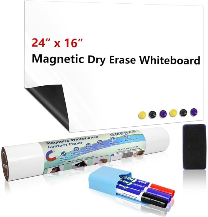 GMEHAR Magnetic Whiteboard Contact Paper, 24” x 16” Adhesive Dry Erase White Board for Wall,Peel and Stick Magnet Wallpaper for Home, Fridge, Kid’s Playroom, Office, Classroom