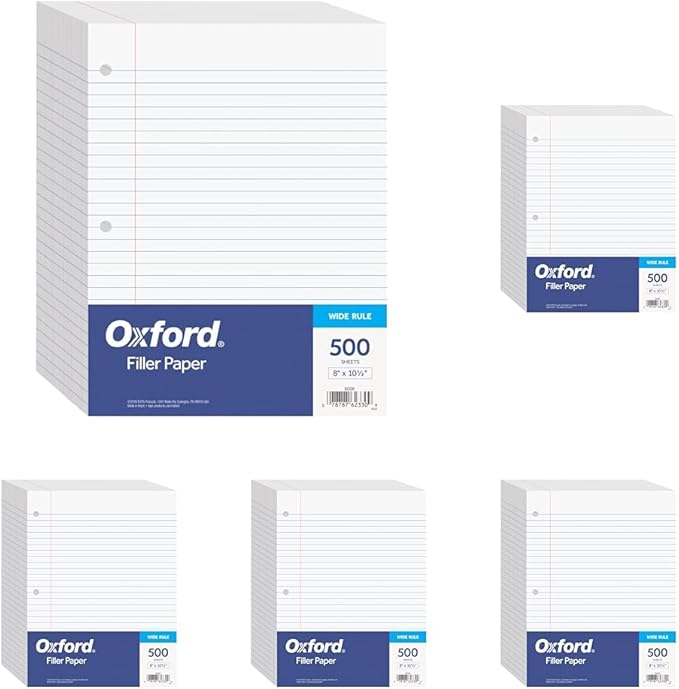 Oxford Filler-Paper, 8 x 10-1/2 Inch Wide Ruled Paper, 3 Hole Punch, Loose Leaf Notebook Paper for 3 Ring Binders, (62330), white (Pack of 2500)