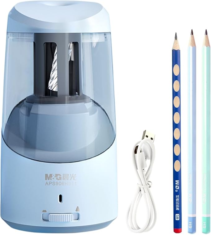 M&G Blue Electric Pencil Sharpener, Portable Automatic Pencil Sharpener for Colored Pencils, Auto Stop, Super Sharp & Fast, USB Operated for 6-8mm Pencils for Kids, School, Office, Home (Blue)