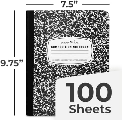 12 Pack Composition Notebook College Ruled Bulk, 200 Pages (100 Sheets), 9-3/4 x 7-1/2", Hard Cover College Ruled Notebook Bulk, Black Marble Composition Notebooks, Bulk School Notebooks