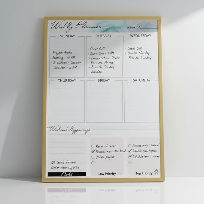 Magnetic Dry Erase Board 12x16 with Foldable Stand, Portable Gold Desktop Whiteboard for Home, Office, School & Kitchen, Includes Weekly & Monthly Magnetic Planner Sheets