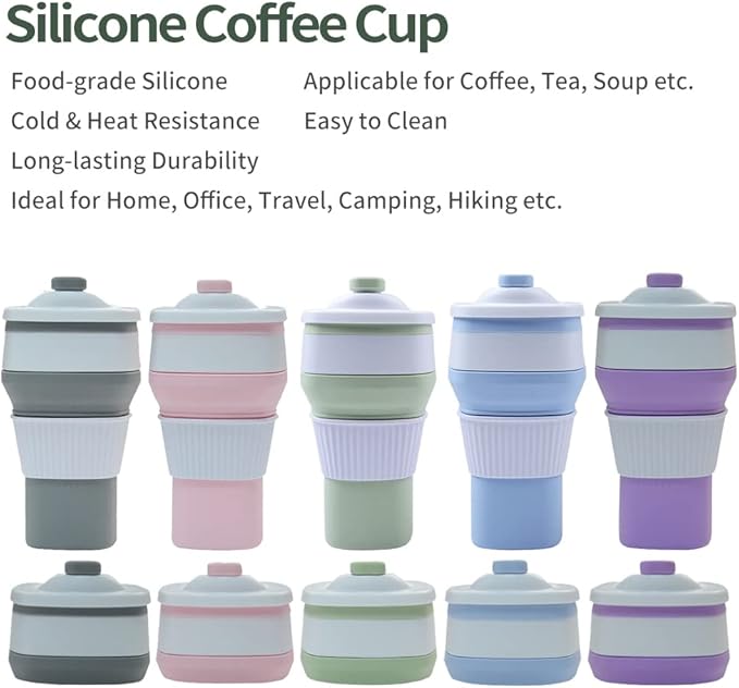 2 Pack Collapsible Coffee Cups Travel Mugs with Leakproof Lids for Hot & Cold Drinks – 10oz (300ml)