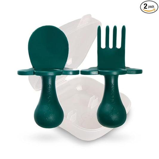 Grabease Baby Feeding Utensils Set - Infant and Baby Fork and Spoon for Ages 1-11 Months, BPAs and Phthalate-Free Cutlery, Plastic, 1 Set, Green