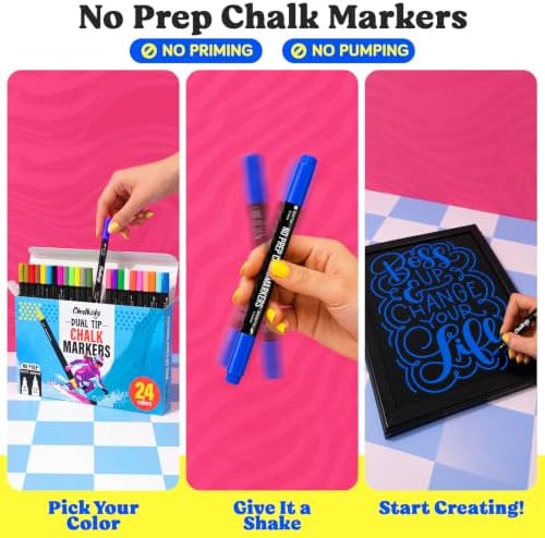 Chalkola 24 Chalk Markers for Blackboard, Chalkboard - Dual Tip Dot + Brush
