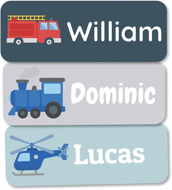 Bunny Badges Personalized Name Labels for Kids (60, 120, or 240 Count) Custom Daycare Labels & Name Stickers for Clothing Tags, Water Bottles, Lunch Boxes and School Supplies (Vehicles)