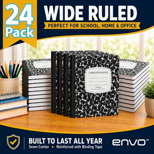 ENVO Composition Notebooks, Wide Ruled Composition Notebook, Black Marble Covers Composition Notebook, 100 sheets (24 Pack, Wide Ruled)