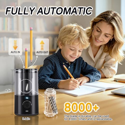 Deli Electric Pencil Sharpener, Fully Automatic Pencil Sharpener for 6.9-8mm No.2 & Colored Pencils, Auto in & Out, Rechargeable Hands-Free Sharpener for Classroom, Home, Office, Black