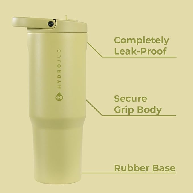 HydroJug Sport - Stainless Steel Tumbler with Straw, Vacuum Insulated, 32oz Leakproof Water Bottle, Ergonomic Design, Reusable, Dishwasher Safe, Rubber Base, Durable for Gym or Outdoors, Olive