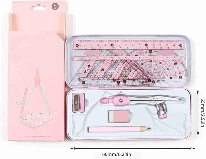 Geometry Set, Pencil for Compass, Pencil Sharpener, Rulers, Straight Ruler, Protractor, Graphic Compass, White Eraser Shatterproof Storage Box Protractor, Math Geometry Kit Drawing Tools (Pink)