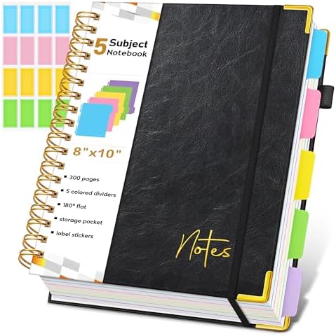 5 Subject Graph Paper Notebook with Removable Dividers Tabs, 300 Pages Hardcover Leather Grid Spiral Journal, 8"x10" B5 Large Graphing Notebooks for Women Men Work School College Engineering, Black