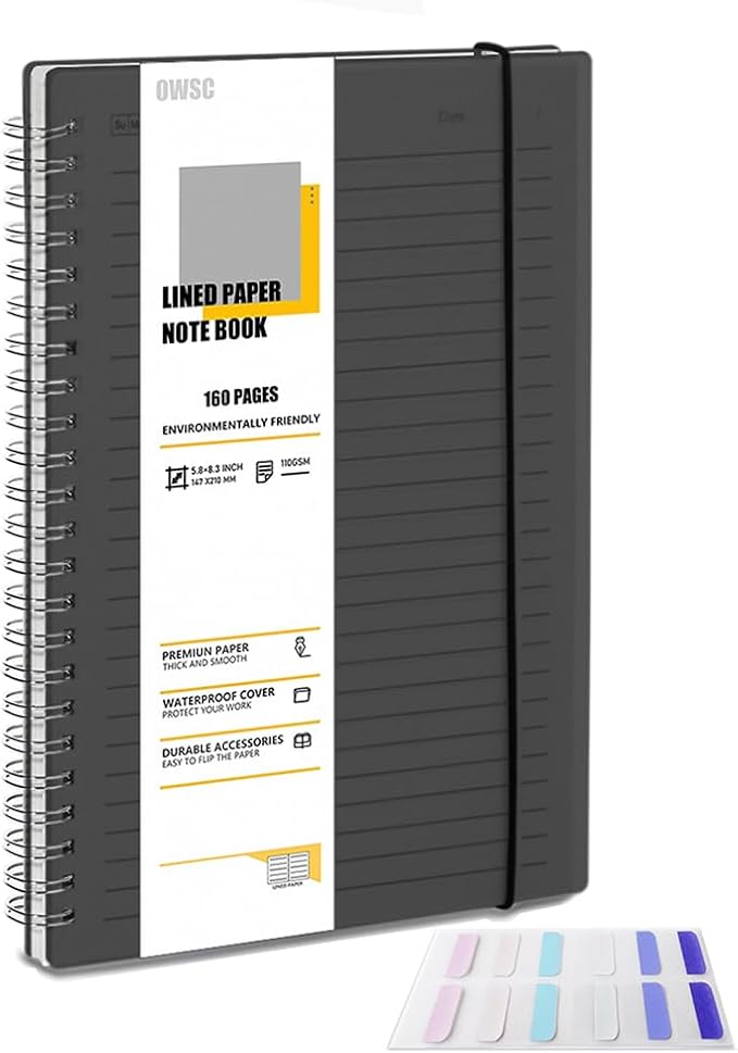 OWSC 1 Pack Ruled Notebook, 5.9 x 8.3 Inches Spiral Notebooks for Work, School and Journal with 110 GSM Journal Ruled Paper, Large Notebook with 80 Sheets/160 Pages, Hardcover Ruled Journal