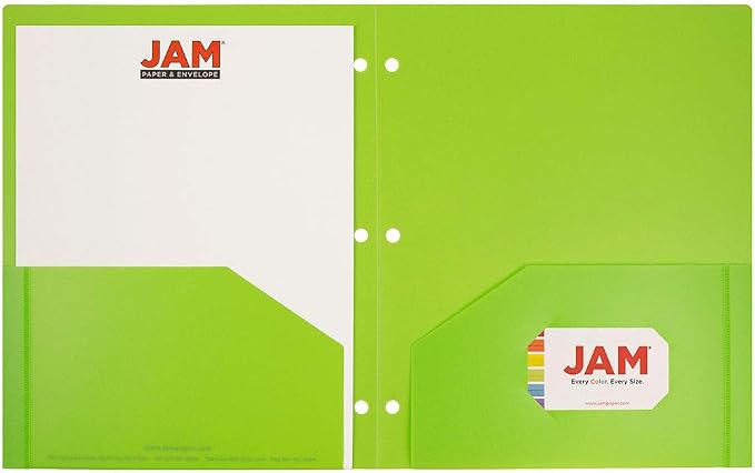 JAM PAPER Heavy Duty Plastic 3 Hole Punch Pocket Folders - Extra Tough School Folders - Lime Green - 6/Pack