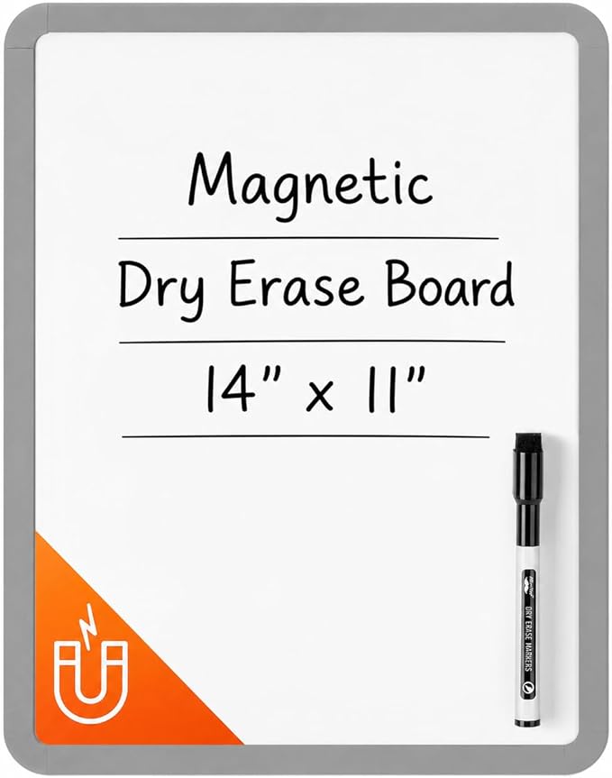 Mr. Pen- Dry Erase Board, 14” x 11” with a Black Dry Erase Marker, Gray Frame, Small Mini White Board for Students, Fridge, Wall, Locker, Includes Double Sided Tapes
